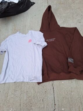 Pink elephant Kids Brown Hoodie & White Tee Set